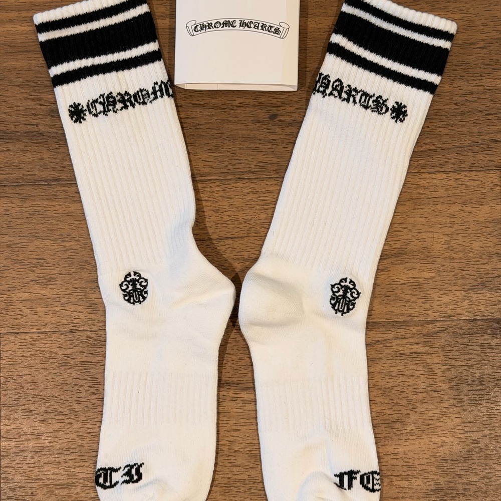 Chrome Hearts White Crew Socks with Black Stripes and Logo